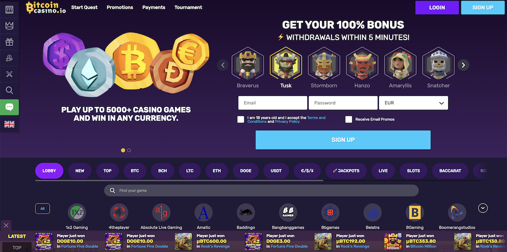 Homepage di BitcoinCasino.io